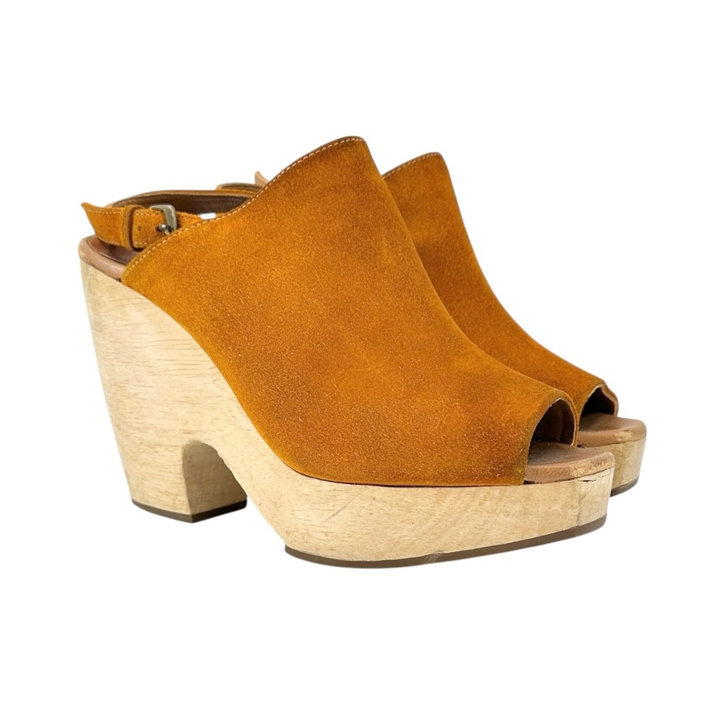 Rachel Comey Serra Slingbacks - Brown Suede Leather Block Heel Peep Toe Clogs